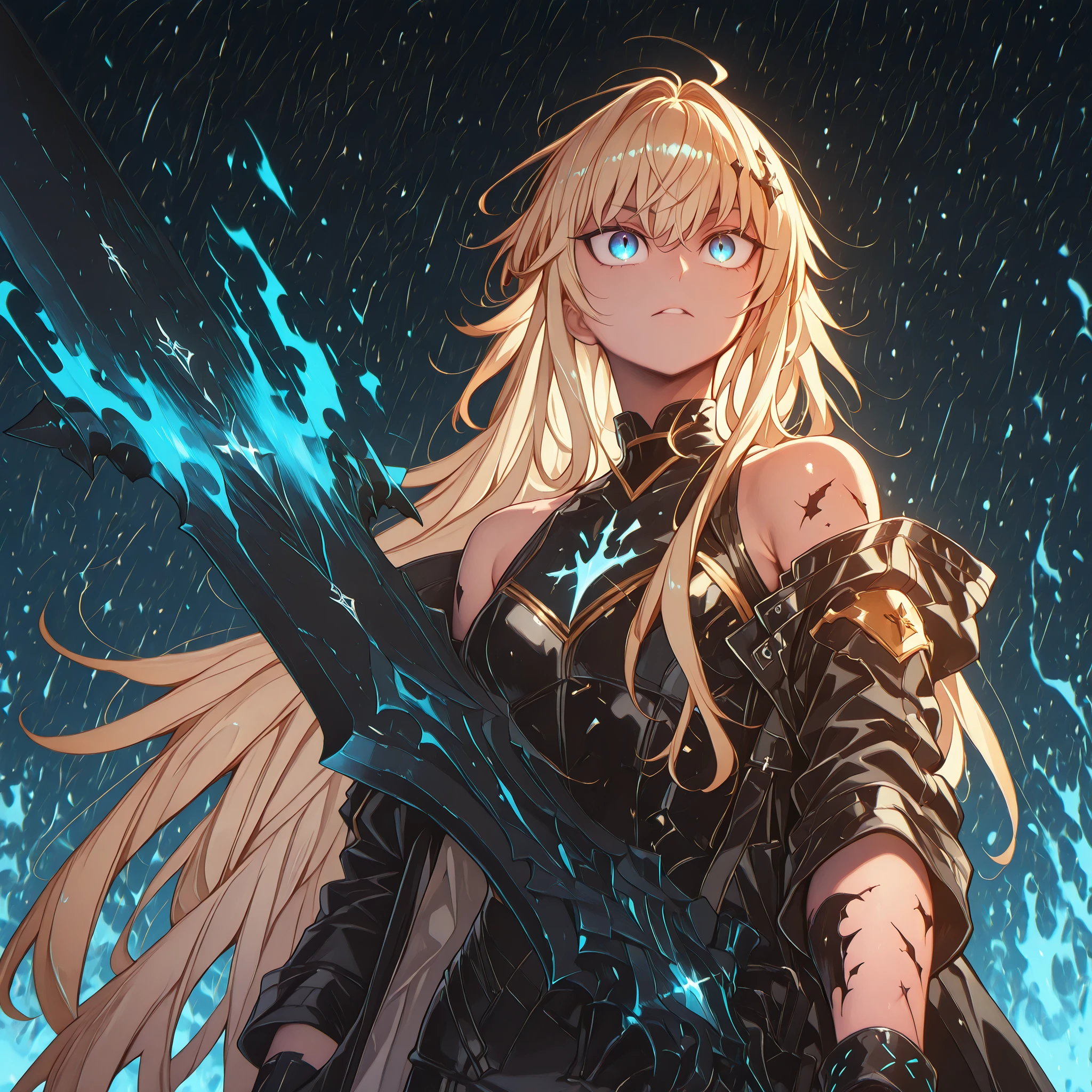 sozinho, 1 menino, e curto, pequeno personagem, personagem curto, personagem curto, personagem 1.50 metros de altura, e curto, jovem character, character with a male body of Rimuru Tempest from "Tensei Shitara Slime Datta Ken", male character;
cabelo loiro, The character's hairstyle must match that of Alice Zuberg of "Sword Art Online", franja longa, preta cor com chifres como Reed The Flame Shadow de "arknights";
the character's face must be the same as Alice Zuberg's from "Sword Art Online", flashy blue eyes, rosto provocativo, sorriso provocante, jovem, perfect and beautiful face, Character with blond hair;
anatomia perfeita, , the character's tail must be that of a dragon and it must be black (with a blue flame at the tip of his tail), x} black tail like Reed The Flame Shadow is "arknights", hands in cerulean blue and arms, hands in cerulean blue, cerulean blue hands with claws, marks in arctic blue on the hands and arms (design similar to Nian's arms and marks of "Arknighst"), military tactical black clothing, tight to the body with gold details, Lucifer/Lucio style from Granblue Fantasy (military tactical black), exposed arms, corpo curto, exposed arms and shoulders;
holding a giant black wide sword with gold details, sword larger than the height of the character, black blade;
Fundo preto, attack position (holding a giant black wide sword with gold details, sword larger than the height of the character, black blade), coat looking at the observer, } black hands and arms with gold details, sempre vestindo o;
pose chamativa, exposed shoulders and head, perto do rosto , looking at the character, coat looking at the observer, cara a cara, sorriso provocante, Confidence , e curto, jovem character, the same height as the character Rimuru Tempest;
