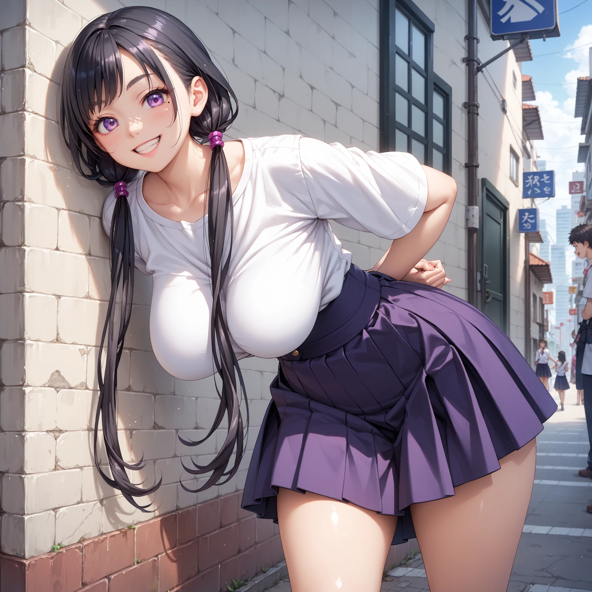 Masterpeace, 4k,8k,perfect quality,20years,beautiful cute Japanese woman,medium breasts, blush,(ashamed),(female orgasm),tear, (torn blue and white stripe collar shirt:1.5),blue skirt,naked breasts,(in shopping street:1.3),sitting,wall back,arms up,spread legs, nipples,(cum on breasts:1.3),(in public:1.4),others looking he