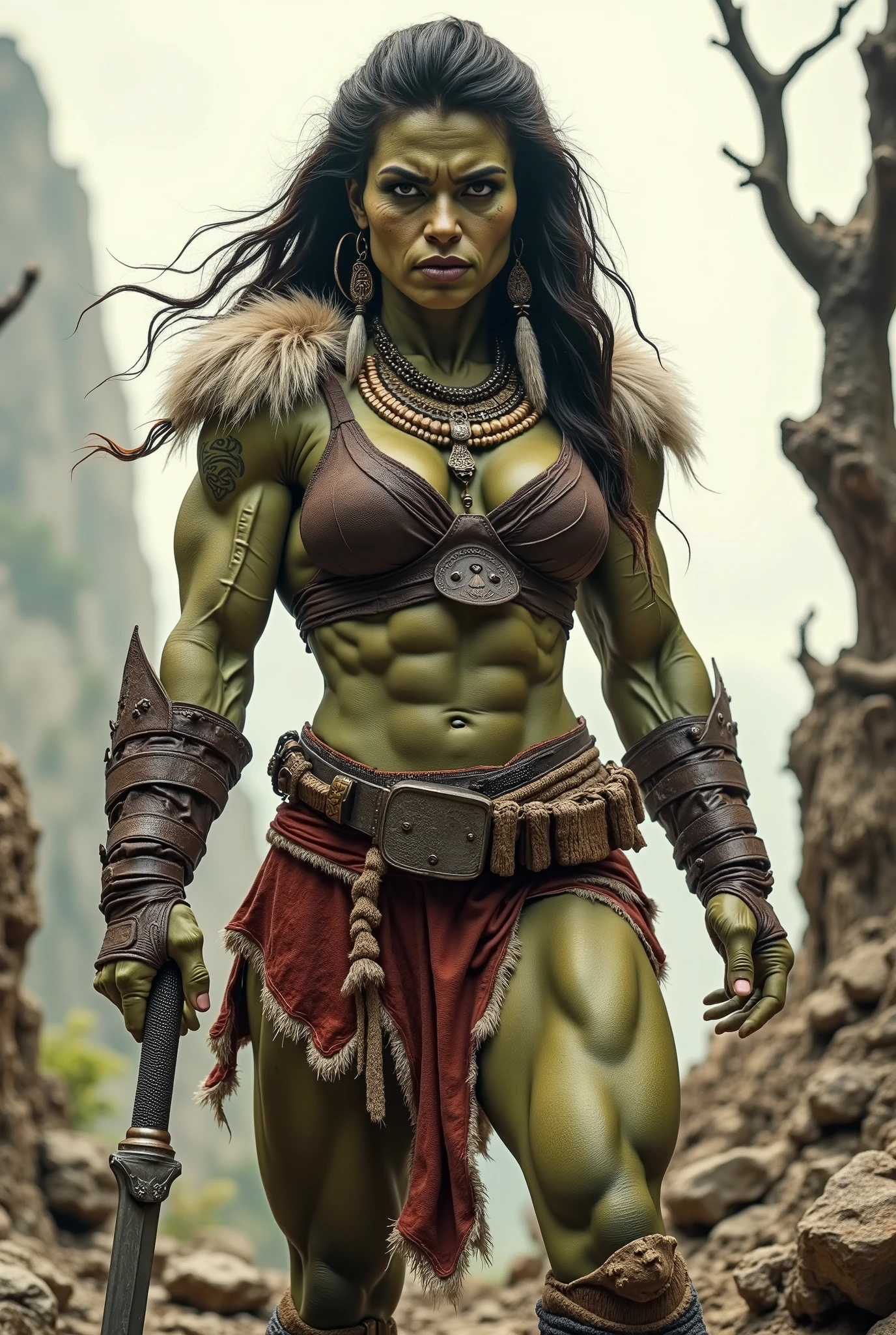 beautiful and powerful orc woman, barbarian woman.