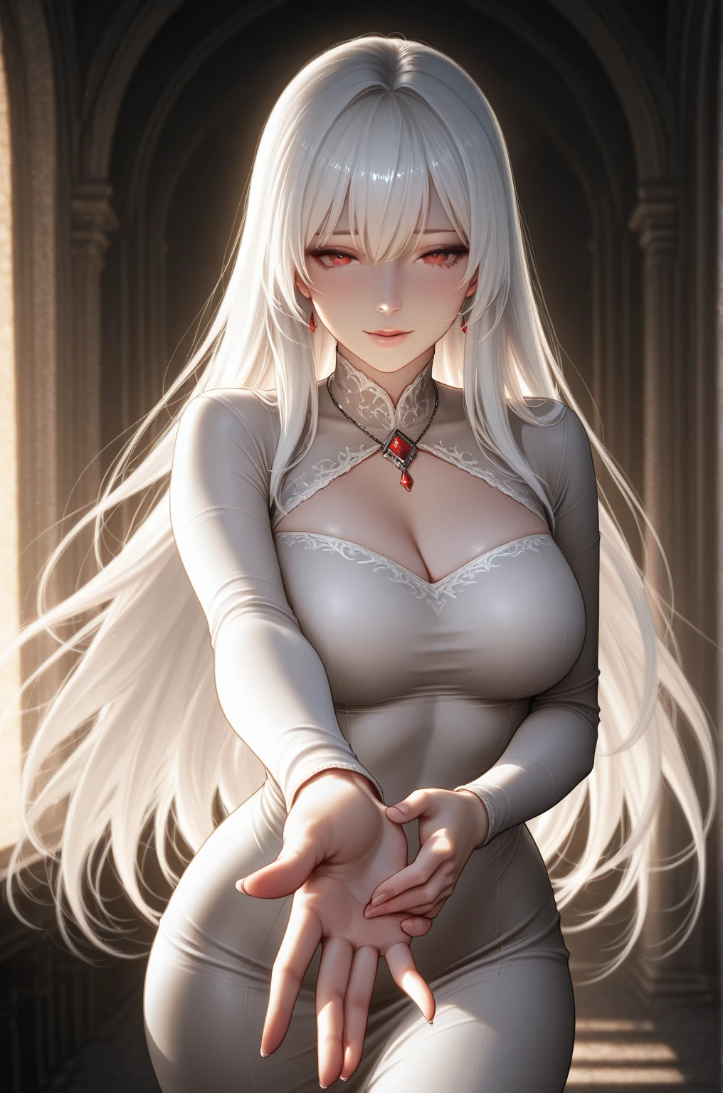 (masterpiece, top quality, best quality, official art, beautiful and aesthetic:1.2), (1girl:1.3), (fractal art:1.3),absurd, masterpiece, best quality, realistic, hyper-detailed, (shiny skin, sweaty:1.4), looking at viewer, slender, 1girl, solo, white sneakers, white miniskirt, straight long hair, princess cut, purple hair, red eyes, (thick thighs:0.5), dynamic lighting, high resolution, sharp focus, depth of field, small breasts,vampire, masterpiece, best quality, ultra-detailed, illustration, ultra-detailed face, best quality face, evil, 30 years old, adult, 1girl, 30 years old, no human, white hair, alchemy outfit, intricate detailed outfit, sexy pose, glowing red dress