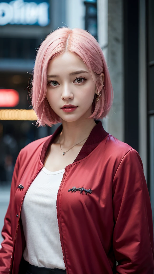 Real life adaption of this character,her name is sakura haruno from anime Naruto,she has a realistic same pink hair with a red headband, realistic same outfit, realistic same apron, beautiful korean teen face, she has green eyes color, realistic light, realistic shadow, realism, hyper realistic,(photorealistic:1.2), realistic background , details eyes,