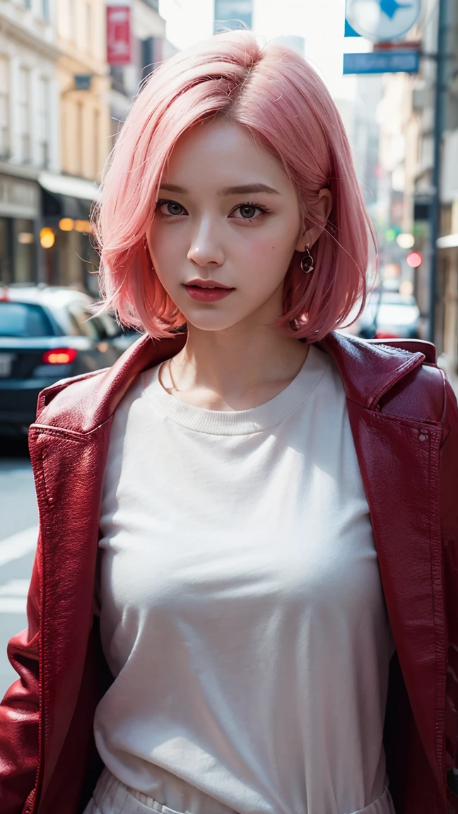 (embarrassed,blush :1.3),(Pink Hair :1.3),((Highest quality, 8K, masterpiece :1.3)), Sharp focus :1.2, Beautiful woman with perfect figure :1.4, Slim Abs :1.2, ((Layered Haircut, Big Breasts :1.2)), (Wet white button-up long shirt :1.1), (rain, street:1.2), Wet body :1.5, Highly detailed face and skin texture, Fine grain, double eyelid