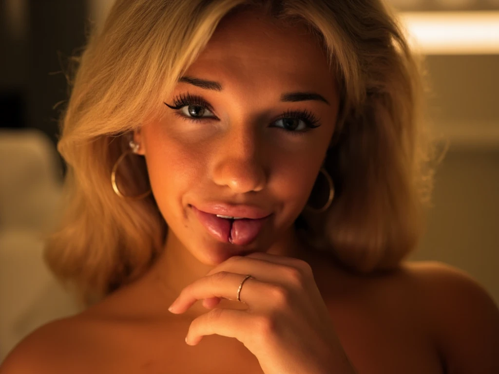 19 year old teenager with very dark brown skin, tanned mulatto , brown eyes , blonde hair with blonde highlights that is loose and wavy, in the club at night, close up to the face ( face into camara,1080 megapixels,4k,cute smile, no theeth), detailed face, balck dress, high geels estetic,tetas grandes, culo grande, cuerpo fitness,light eyes,false eyelashes,night club, fondo detallado, gran ventanal,cabello rubio ondulado y atado, expresiones faciales sexys, Detail of seductive facial expression,