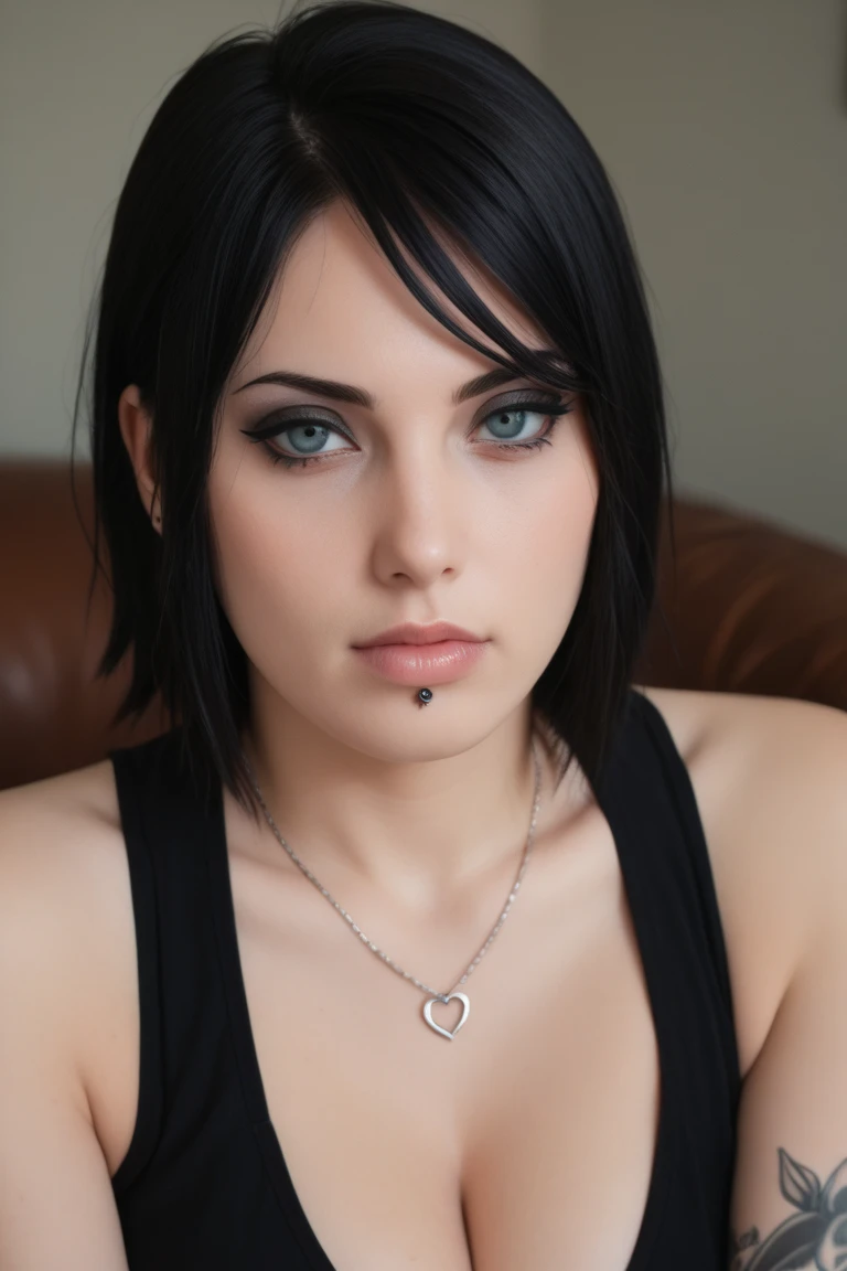 1girl, Joan Jett, 18 years old, looking (((interested!!, amused!!))), (((looking at camera))). Masterpiece, (photorealistic), raw photography, top quality, best quality, (((Close medium shot))), upper body, muscular, attractive. NSFW, topless, leather. Indoors.