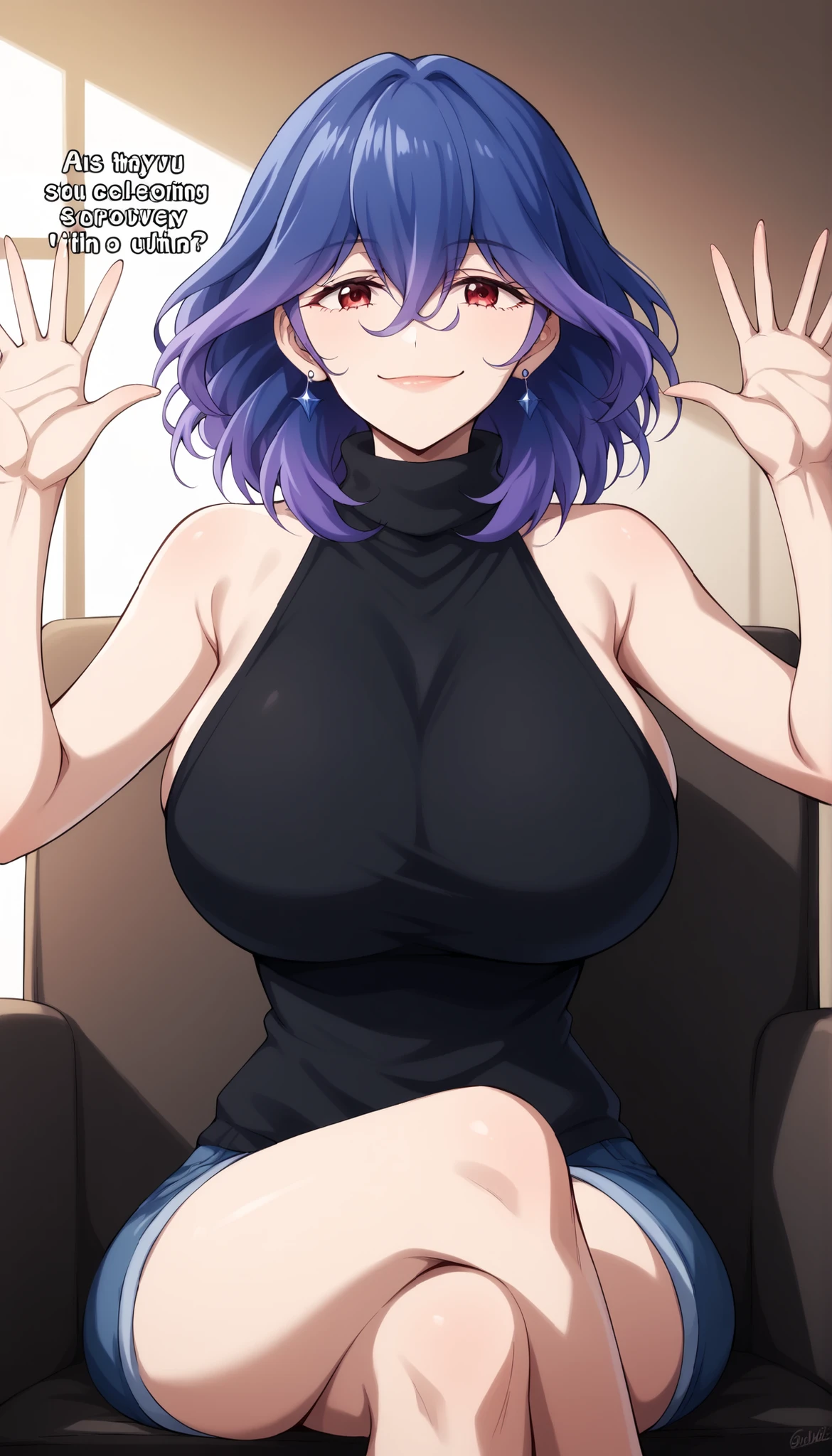 score_9, score_8_up, score_7_up, score_6_up, score_5_up, score_4_up
vermeil, vermeil, red eyes, hair between eyes, blue hair, purple hair, multicolored hair, medium hair,
sweater, bare shoulders, sleeveless, turtleneck, black sweater, thighs,
indoors, bent , smile,
looking at viewer, 1girl solo, ,,,,,,, earrings big breasts huge breasts , locking at viewer , shiroshisu style ,,,,,   absolute_cinema, looking at viewer, parody, emotionless, closed mouth, sitting, crossed legs, english text, upper body, hands up, monochrome, greyscale, absolutecinema