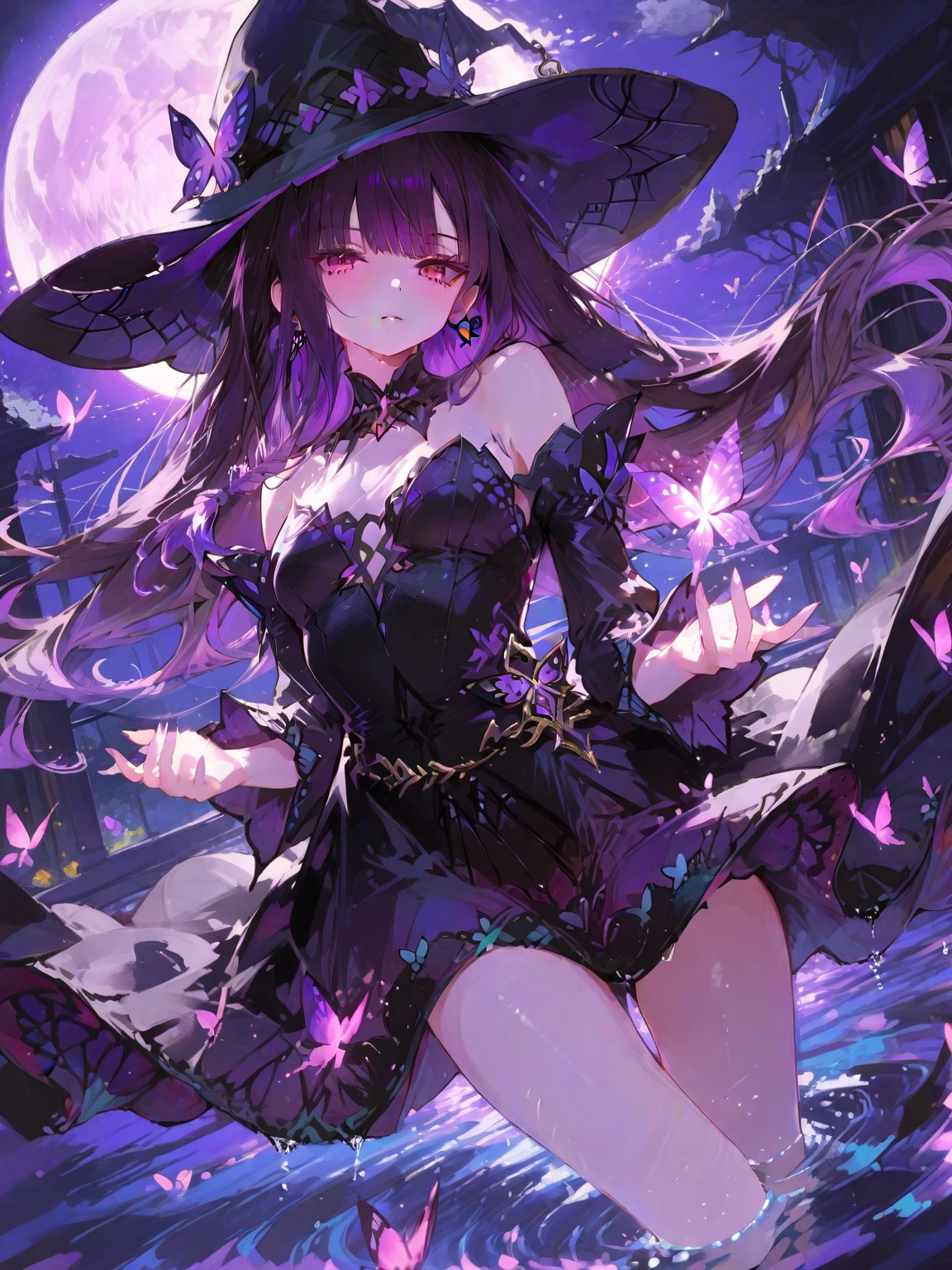 film photography, 1girl in , Sexy , (((Whole body ))) , Dynamic Pose Characters: Halloween、Lantern Ghost Many Appearances Style: Enjoy Halloween with a transcendent smile Extraordinary features: Channeling the Universe to Inspire Dreamers Action: Lying on a blanket under the stars, Summon Zodiac Signs Hair: Flowing hair adorned with accessories like twinkling stars Hair color: Purple eyes in the night sky with shimmering purple stripes: Deep glittering purple clothing with the mystery of the universe: Small devil, Black Devil、Beautiful wings of purple color、Less exposed background: A vast field with a canvas of twinkling stars overhead, medium breasts⁩, Full body, (Realistic detailed eyes, Natural Skin Texture, Realistic face details), hyper realisitic