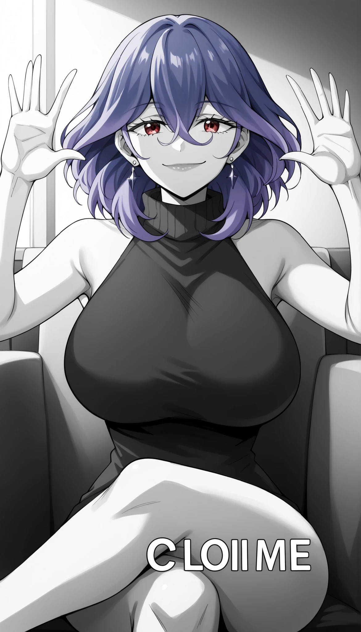 score_9, score_8_up, score_7_up, score_6_up, score_5_up, score_4_up
vermeil, vermeil, red eyes, hair between eyes, blue hair, purple hair, multicolored hair, medium hair,
sweater, bare shoulders, sleeveless, turtleneck, black sweater, thighs,
indoors, bent , smile,
looking at viewer, 1girl solo, ,,,,,,, earrings big breasts huge breasts , locking at viewer , shiroshisu style ,,,,,   absolute_cinema, looking at viewer, parody, emotionless, closed mouth, sitting, crossed legs, english text, upper body, hands up, monochrome, greyscale, absolutecinema ,  absolutecinema, english text, hands up, upper body, monochrome, crossed legs