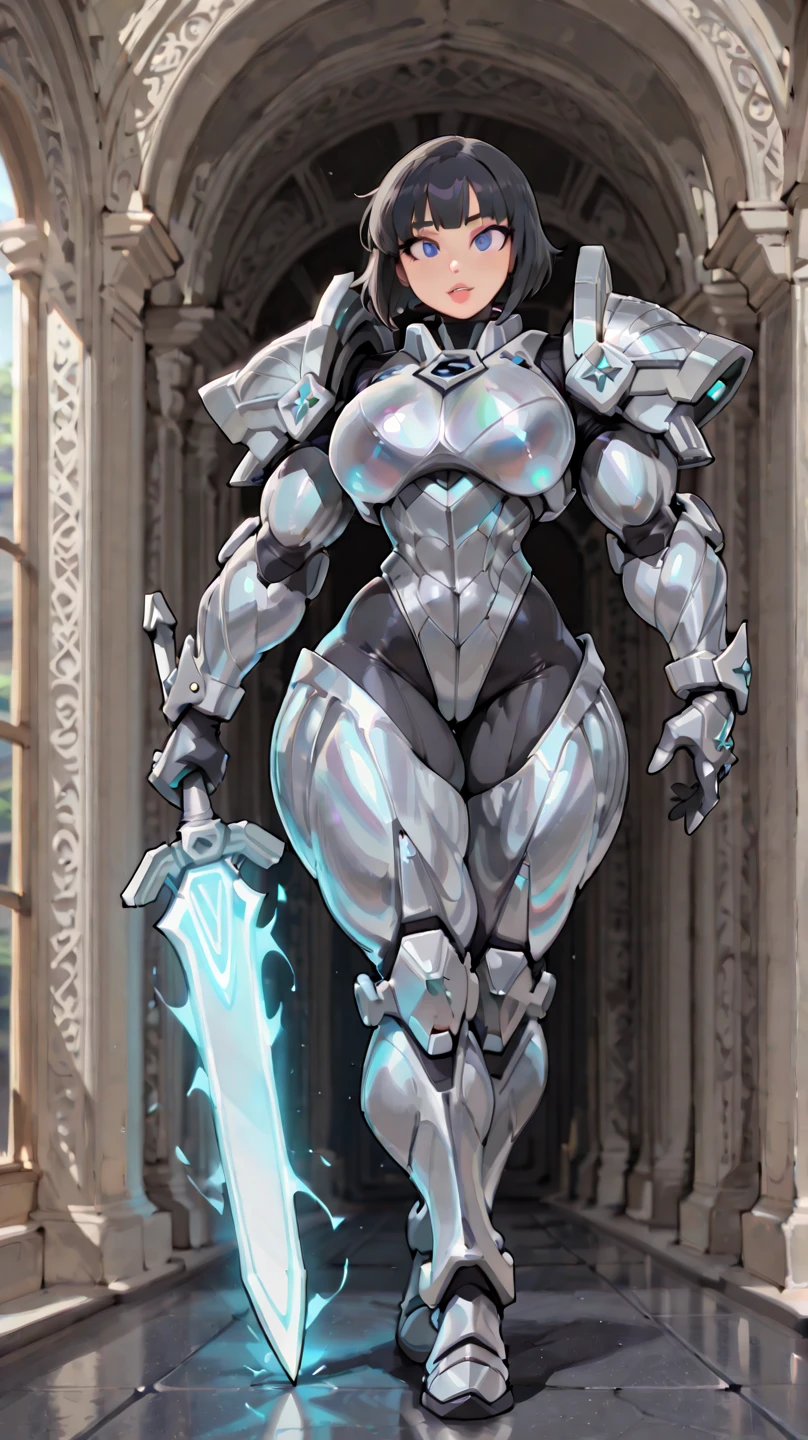 8k ((long neck:1.6))((full body view))((view from below:1.5)),(large eyes:1.3), defined cheekbones, looking back, ((the pit style:1.4))((sleek glass body:1.6)) ((intricate armor details:1.4))detailed face:1.5), perfect skin,(puffy lips:1.5) (pale skin:1.6), (bald woman:1.7), (skinhead) ((sexy pose)),(Muscular:1.3), ((gigantic breasts:1.5)), )highly detailed, elegant, digital photography, art by artgerm and ruan jia and greg rutkowski, ((large shoulder pads:1.2)), (masterpiece), sidelighting, intricate details, (((white color palette))), midriff exposed, low rise tights,