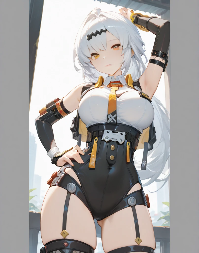 Bigboobs,cropped shoulders,White knee-length stockings,ta skirt,High ponytail