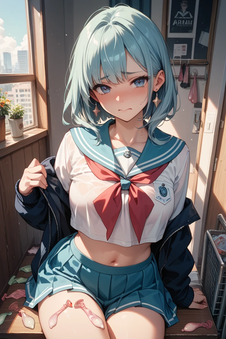 (top-quality、in 8K、32K、masterpiece、nffsw、超A high resolution、Impresionismo、Photorealsitic:1.2), (Masterpiece:1.2), (Slim Body, Delicate Fingers: 1.2), Best Quality, (Illustration: 1.2), (Hyper Detail), Eye Focus, Ultra Detail, (Fine Detail), (Intricate Detail), HDR, (Ultra Detail: 1.15), (Soft Light: 1.2), (1 girls), Inside the classroom, Wear, ((School_uniform), (sailor_suit), (mini_skirt), (short_blue_pleated_skirt), long sleeve shirt, (blushing:1.3), (White hair and blue highlights),cyan eyes, teenager, embarrassed face, medium, short hair, solo, multicolored hair, ahoge, huge breasts, mismatched pupils, multicolored eyes, high quality, best quality, full body image, blue panties, (see though panties: 1.0)(Navel Ejection:1.5)