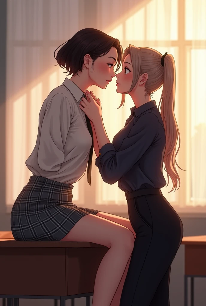 (high quality, best quality:1.2), two women kissing passionately, ornate office BREAK
profjen, tall, dark blue dress, AS-Midaged BREAK
studentnat, freckles, single braid, short, black turtleneck, white pleated skirt
