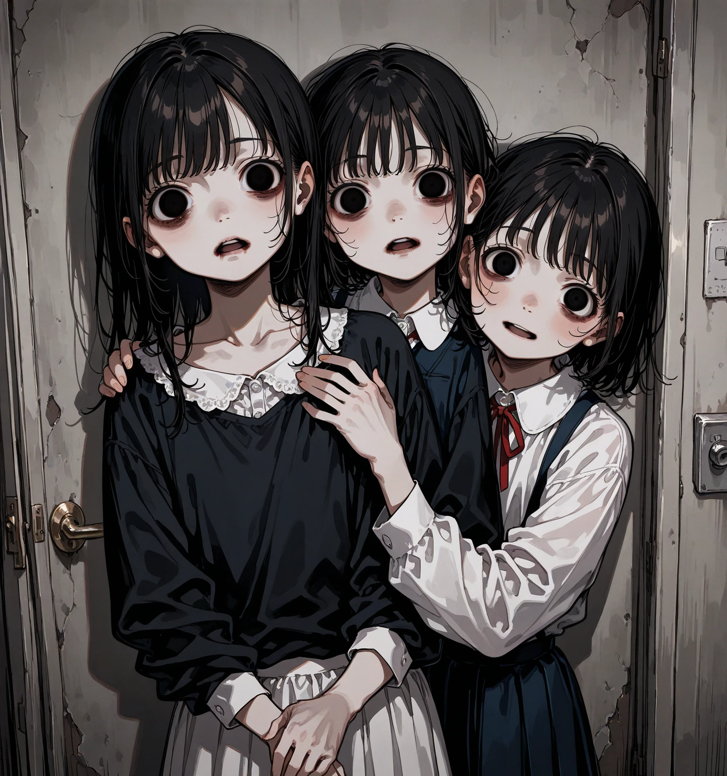 ((Highest quality)), ((masterpiece)), (detailed), 3People Girls, sexy One child hides behind another and looks on with tearful eyes.。The girl hiding there looks worried.。The other one is staring at me. 3People are lining up