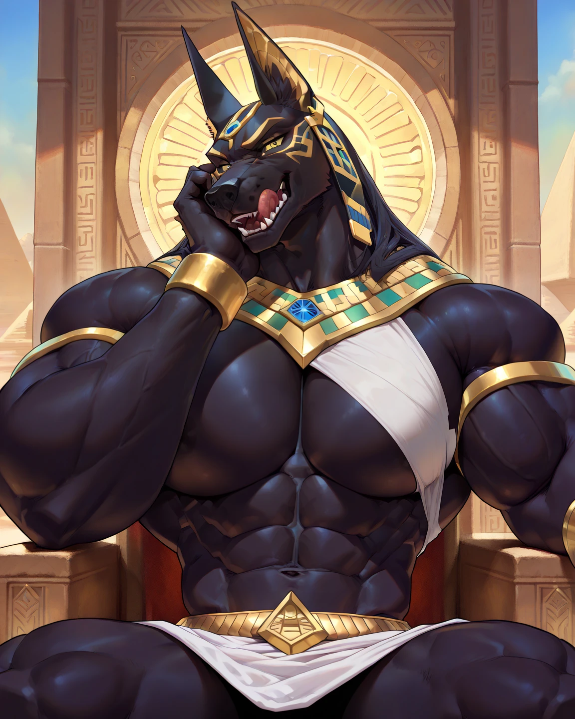Muscular, male, furry, fluffy, Covered scars, bare chest, hot, (wet: 1.3), abs, wide body, egyptian jewelry, egyptian armor, Looking at viewers, thick beard , (bara pecs: 1.1), anthro jackal, anubis mask, black body, black furr chest, wide body, (big chest: 1.3) , thick thighs, royal black loincloth, (bulge: 1.1), barely visible genitals, detailed genitals outline , intimidating frown expression, gold nipples ring, bright dramatic lighting, desert pyramids, sunset, low angle, dutch angle, by hyaku , by darkgem