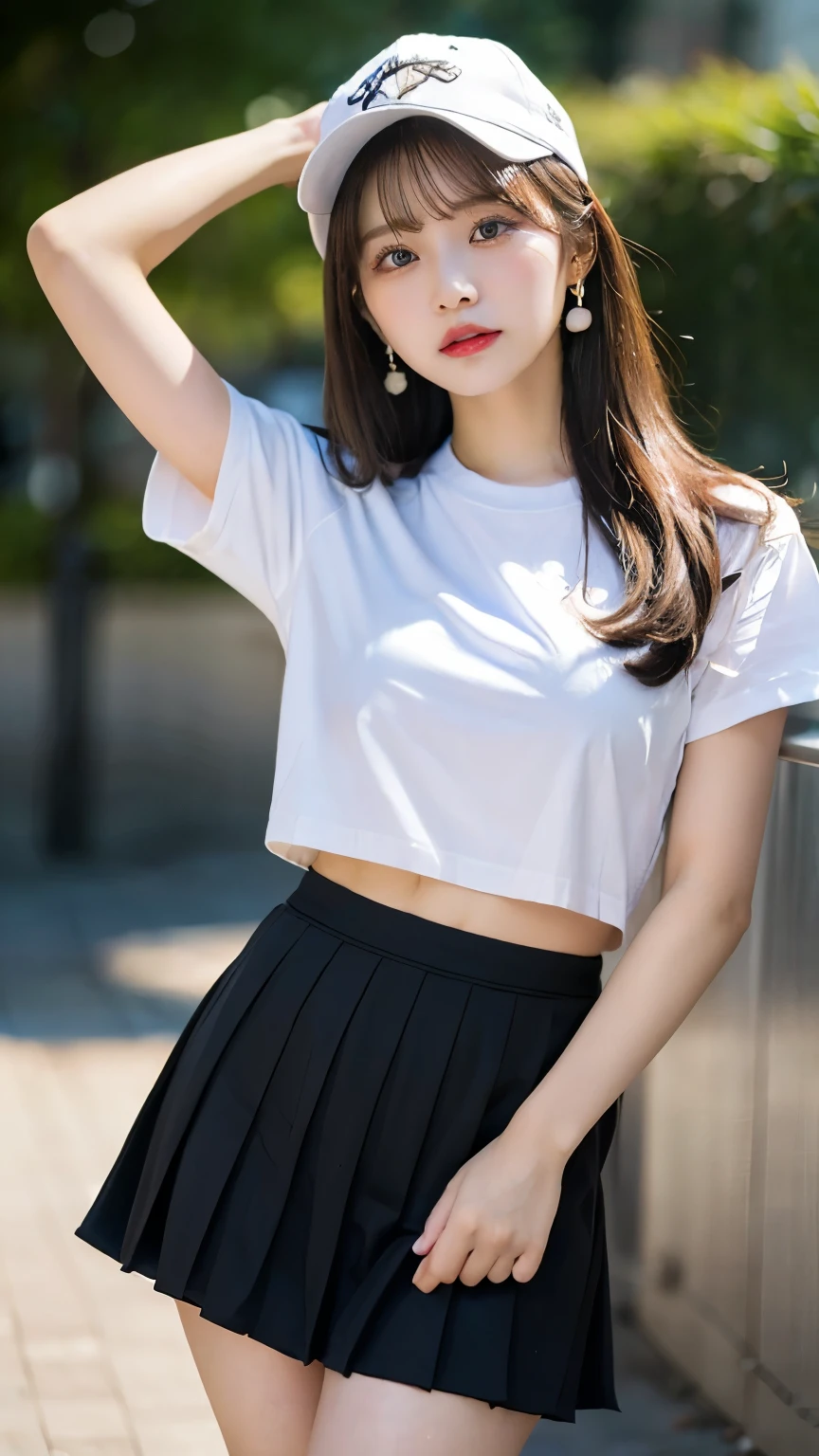 ((perfect anatomy:1.5,realistic:1.3,RAW photo:1.3,masterpiece、highest quality、Ultra - High resolution、High resolution、Detailed CG、8K)),cowboy shot,1 female,alone,dancer,18-year-old、high school girl beautiful girl,Japanese,((beautiful detailed face and eyes:1.2,big and gorgeous eyes:1.2,gray eyes)),dark brown hair,short bob hair,bangs,medium breasts,slender body,small head:1.3,skinny,(oily skin,glowing skin,shiny skin、Sweat),、plaid pleated mini skirt,on the road,Harajuku、Tokyo、