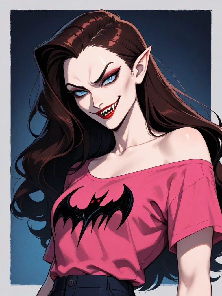 Red eyes, vampir teeth fangs, booldy face, blood out of mouth, smirk,bat wings, scary smile, psychopathic smirk, psychopathic smile, scary, mouth opem, angry eyes, vampire, dark sky background, red + blue + green, glowing red moon