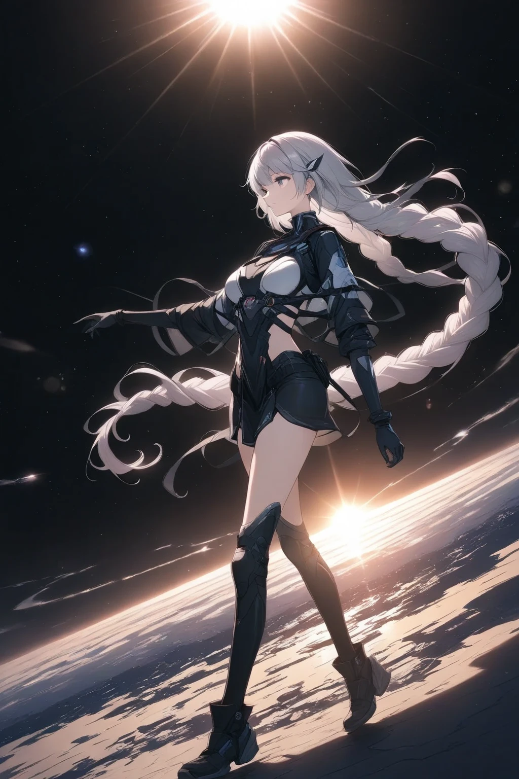 Ridiculous resolution,A high resolution,(tmasterpiece:1.4),ultra - detailed,1girll,the space,afloat,black lace cleavage underwear,stocklings,Platinum hair,Cooper Eye,Extremely detailed eyes,sharp sharp eyes,lewd eyes,The expression of desire,Black panty,from below,Ass pouting,Superskirt,Docking front,stooped,back to look back,