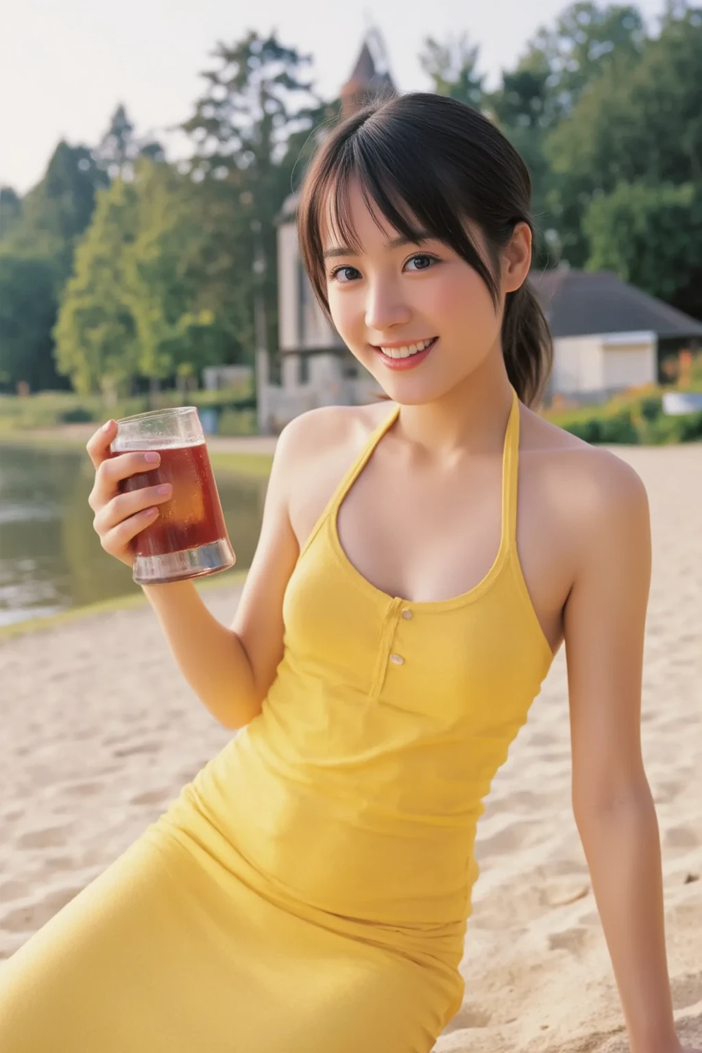 (High Definition), One Girl, Japan Person, Cute, Black hair short, Wearing front zipper bra-top Chevron-pattern, Tie Front Track Shorts multi color light blue, Big straw Hat, leaning Side table, splashing, At Shower stand on Beach Side, looking side glance, spread legs, show woman shape, Straddling a chair, a glass of drink on a table, Natural lighting