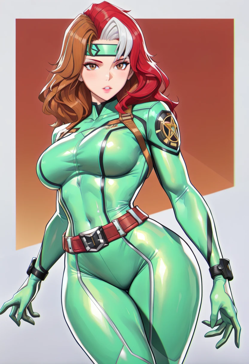 21 years old woman , long and smooth red tone hair, bright and expressive blue eyes, she opted for a green military outfit. Booty, busty. Comic style. Marvel comics