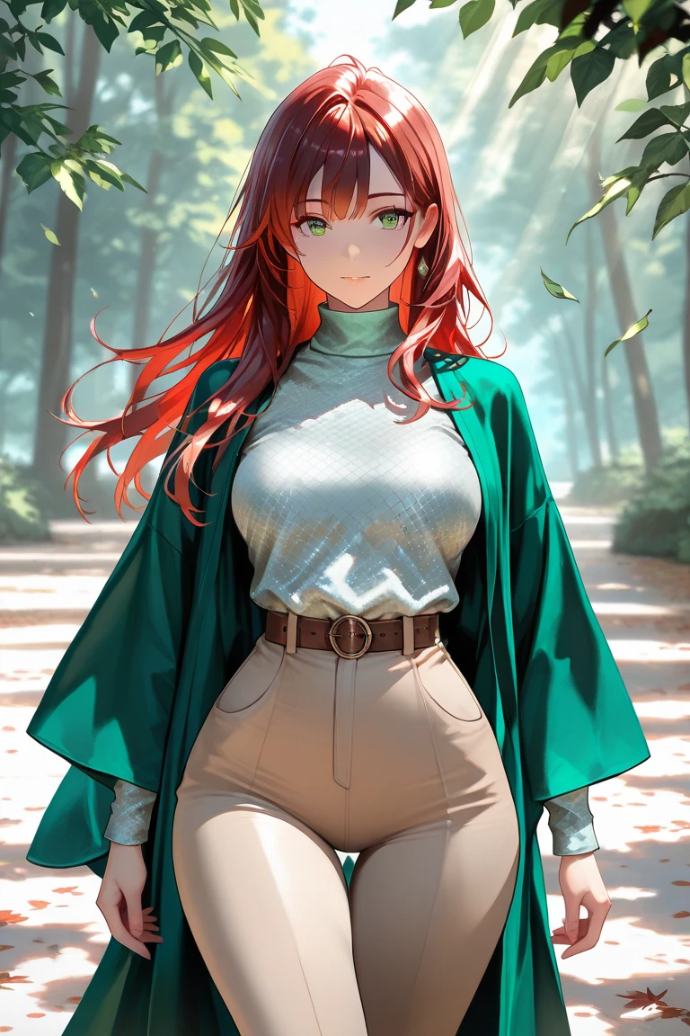 masterpiece, best quality), intricate details, 1 girl, woman, red hair, straw hat, Shanks, shanks \ (one piece\), scar on face, (long hair), shirt, white shirt, female focus, clothes, collared shirt, pants, cape, black coat, shirt, scar, sandals, pectorals, partially unbuttoned, cleavage, black coat on shoulders, nature, scenery, upper body,