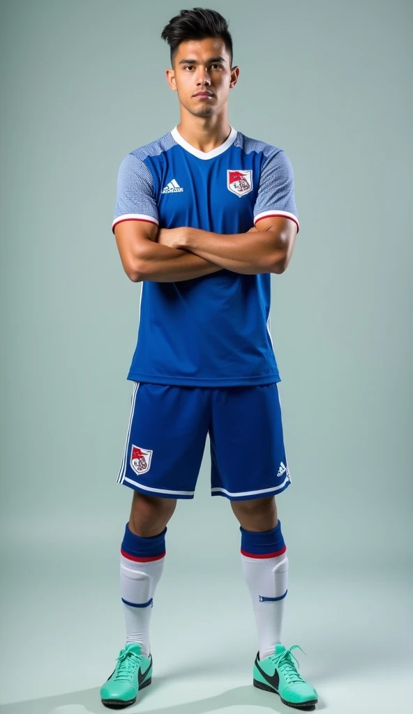 Create a white and navy blue soccer uniform with pink details, that includes the same level of color white and blue