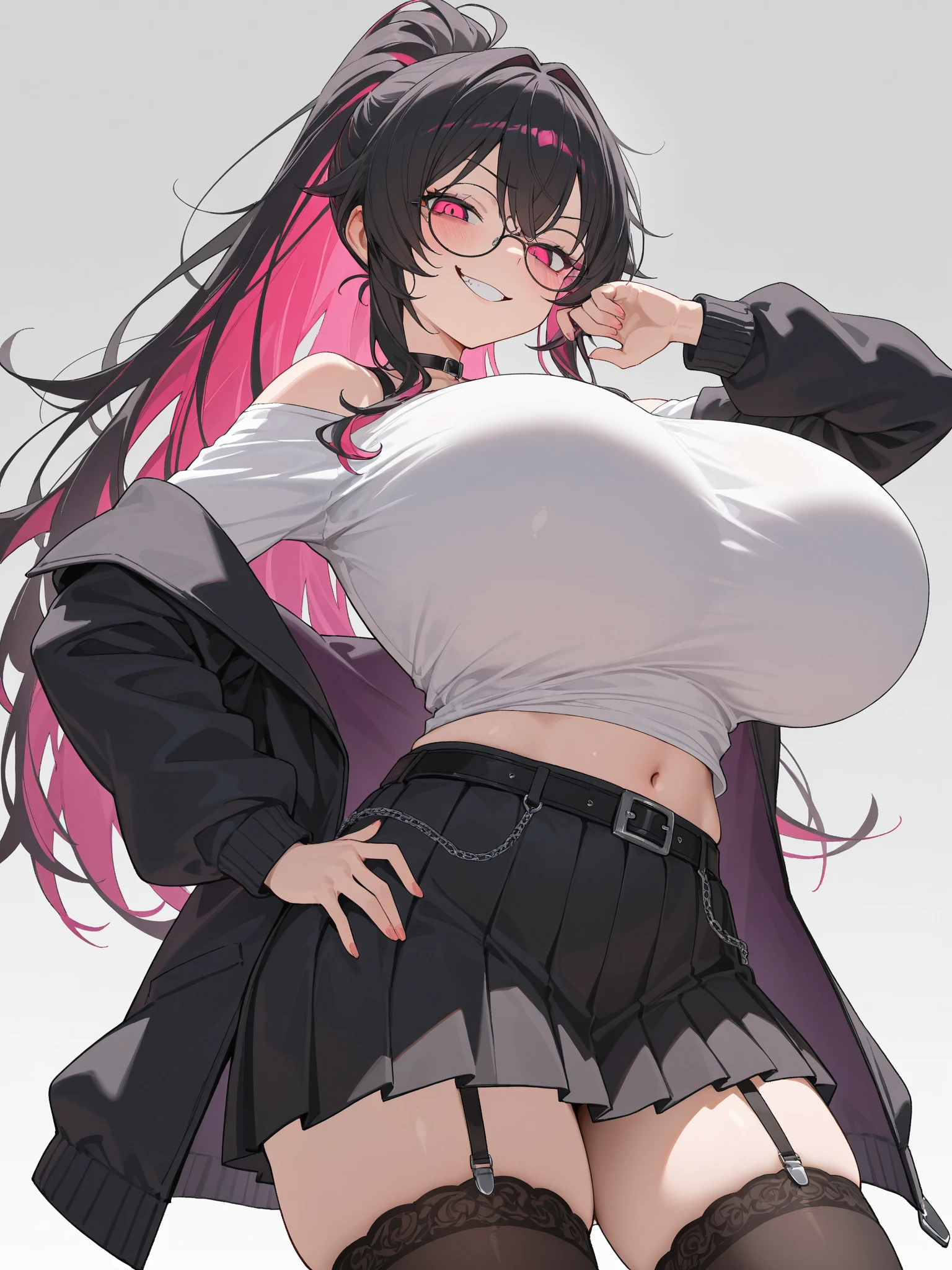 pink hair black glasses pink eyes extremely blushing a big pink sweater short black skirt black stockings white tennis shoes that is a reserved girl that is pouting