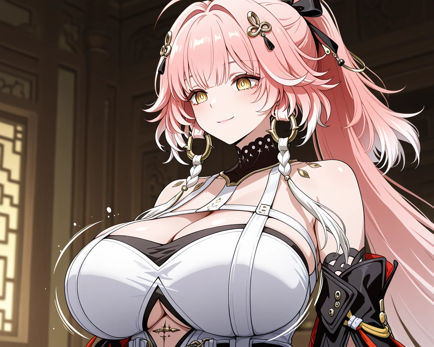 masterpiece,highest quality,(Super detailed),masterpiece,written boundary depth,perfect sentence, Detailed CG,Super detailed,(highly detailed eyes,very cute face,highly detailed face:1.3),beautiful anime girl,(solo girl:1.9),(very big :1.9),(a swollen chest:1.9),(huge big breasts:1.9),(pink hair,low twin tails:1.5),(light blue eyes),(smile:1.3),open your mouth,show viewer,(steampunk costume,Steampunk background:1.5),Leather long coat,steampunk top hat,blouse with white frills,Brown High Waist Skirt,brooch,knee high boots,Brass Accessories,whole body