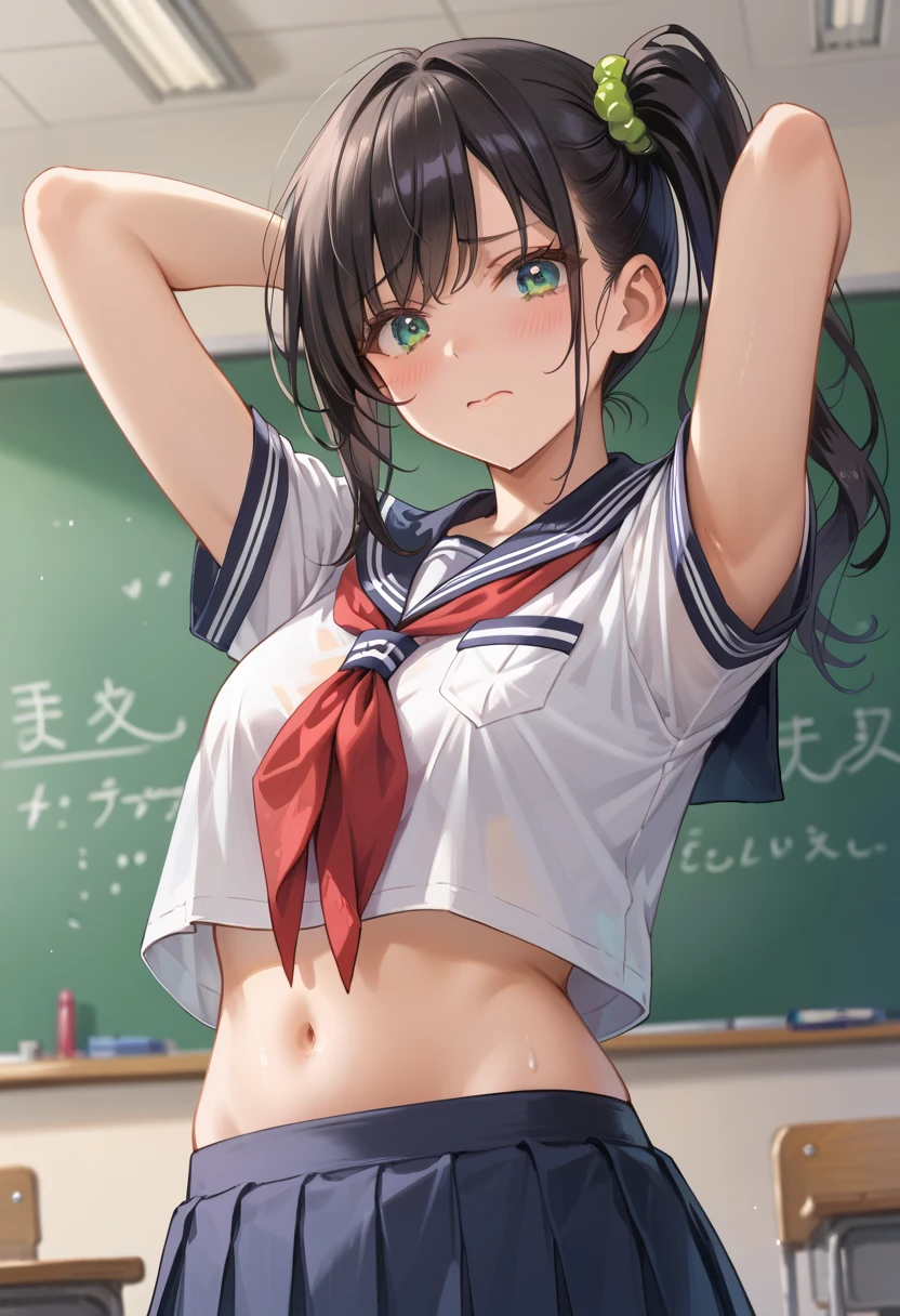 nsfw,alone, (One girl), Elementary school girl, ((White panties)), (wearing only the top half of sailor school uniform), Sailor with un-folded hems, sexy, (Cowboy Shot), ((Put your arms behind your head)), classroom, With a girl:Her hair is long and black, Her face is round and cute, Black Hair, Low twin tails, (Are standing),Shy, Embarrassing,(pussy cameltoe:1.0),bottomless,