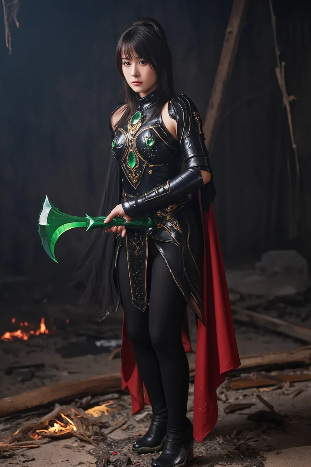 Girl indigenous 18 years old, hero, super girl, Black long hair, with couro superhero colan grey and black with green lines and white background envoirement.(Indigenous cosplay look) braço erguido segurando pedra verde. Indígena outfit. Calça cinza e preta. Skirt. (Kneeling:1.3),(arms touching her neck in Supino:0.4), (one arm up and another down messing her, opened legs:0.5), rastreamento de raios,Renderizador OC,Renderizador UE5, torn side. Sword of gem Stone encarved cristal alike