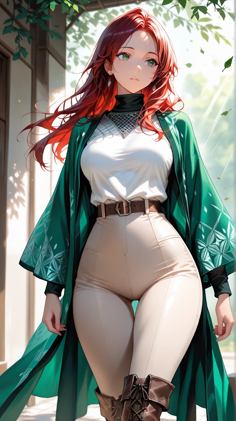 [Grimm], [The_Hunter's_Guild_Red_Hood], [Inspired by Yuki Kawaguchi], ((masterpiece: 1.3)), ((High Res)), ((detailed shading)), ((intricate details)), ((beautiful portrait)), ((below view)), ((1girl)), ((anime)), ((beautiful 2D art)), {(grimm); (long blonde hair), (messy hair), (hair over eyes), (green eyes), (expressionless), (massive boobs), (thicc thighs), (detailed leg muscles), (muscular legs)} {(red hood over head), (tight white button-up shirt), (tight green pants)}, {(intimidating), (standing), (dynamic pose), (looking down at viewer)}, [background; (woods), (tall trees), (blue sky), (sun rays through trees)]