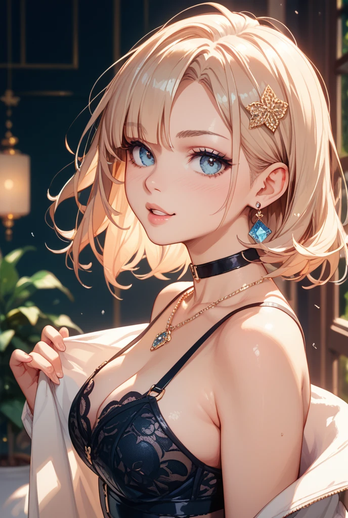National Science Foundation,masterpiece,High resolution,8K,Art,digit,Three-dimensional,Realism,Kyoto Animation Style,Your name style,looking into camera,Soft Light,Glowing skin,(Medium breasts:1.2),(1 female: 1.3),(alone: 1.4),(((blonde))),(Gorgeous,Sparkling lace bra and briefs),(Gorgeous閃閃發光的蕾絲過膝長襪),(Sapphire hairpin),(Small,sapphire necklace),(Small,Sapphire earrings),Long eyelashes,Slender legs,Short Bob,Close-up of upper body,Close-up,lying down,(Eyes that sparkle like sapphires),(Don&#39;t open your mouth),(blush),(shy),(lovely and delicate),(Pitiful),(cry),(pain),(shed tears),(((sadness)))