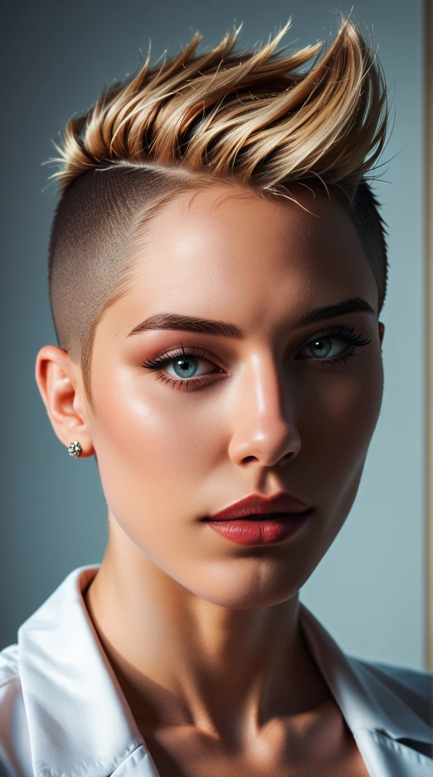 A 20-year-old woman with blonde hair styled in a hi-top fade (1.3) stood before a dark backdrop, her features illuminated by soothing tones and muted colors that created a high contrast effect. Her natural skin texture shone under the hyperrealistic, soft light, and her features were sharply defined. Her eyes, framed by long lashes, gleamed with a natural radiance that added to her captivating allure. Her outfit blended seamlessly with the dark theme, its details barely discernible in the soft light. This was a masterpiece of hyperrealism, its pixels bursting with the highest quality and most intricate details, a true