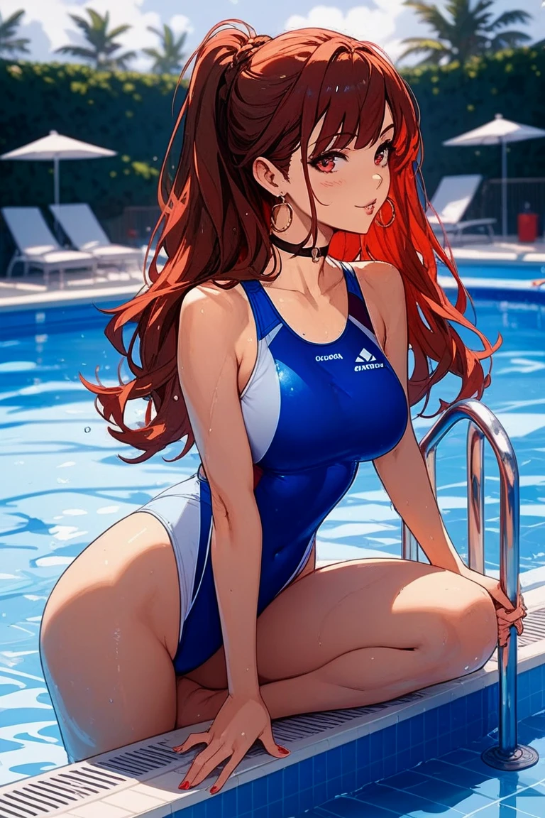 highest quality、nice sexy body、one woman、solo、((Beautiful busty woman:1.3))、((Woman with dark red hair:1.3))、ponytail woman、long hair woman、((A woman wearing a navy blue one-piece school swimsuit:1.3))、public pool