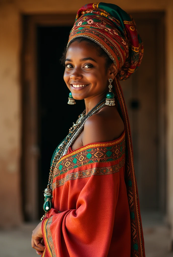cinematic film still Full body shot,photo of a 19 year old hatian woman, outside local village,fully dressed in traditional clothes,highly detailed skin with hair, perfectsmile smile,fit,abs,bright light,hard shadows
, shallow depth of field, vignette, highly detailed, high budget Hollywood film, cinemascope, moody, epic, gorgeous,