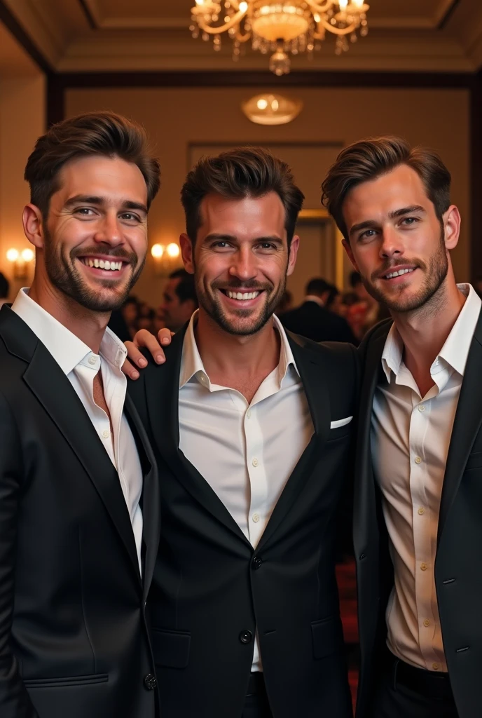 Make a picture of guys dressed in black sharing together and being happy
