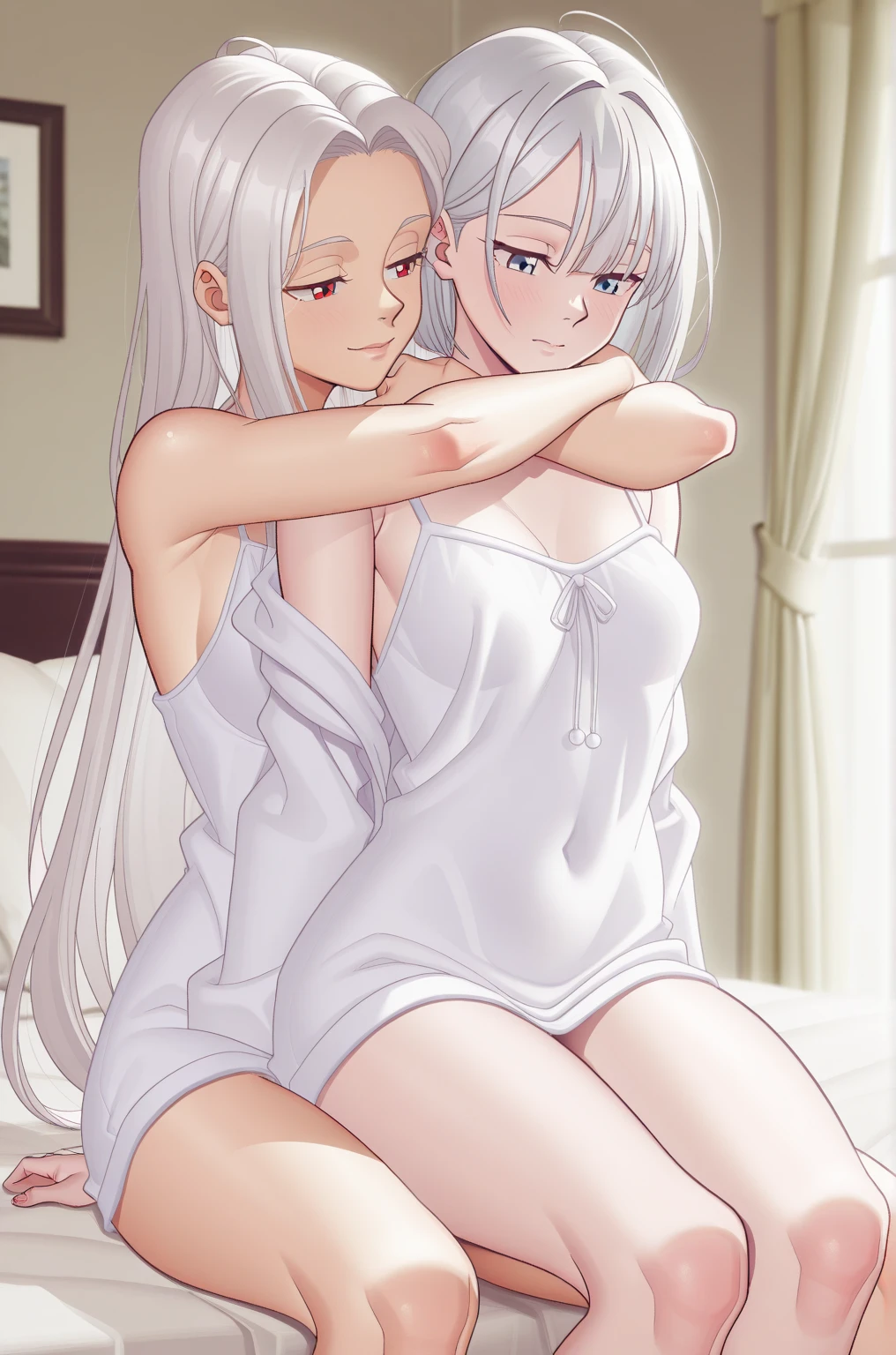 1Girl, red eyes, white hair, dark skin, cute, shirt, panty, showing under wear bottom, bedroom, perfect anatomy