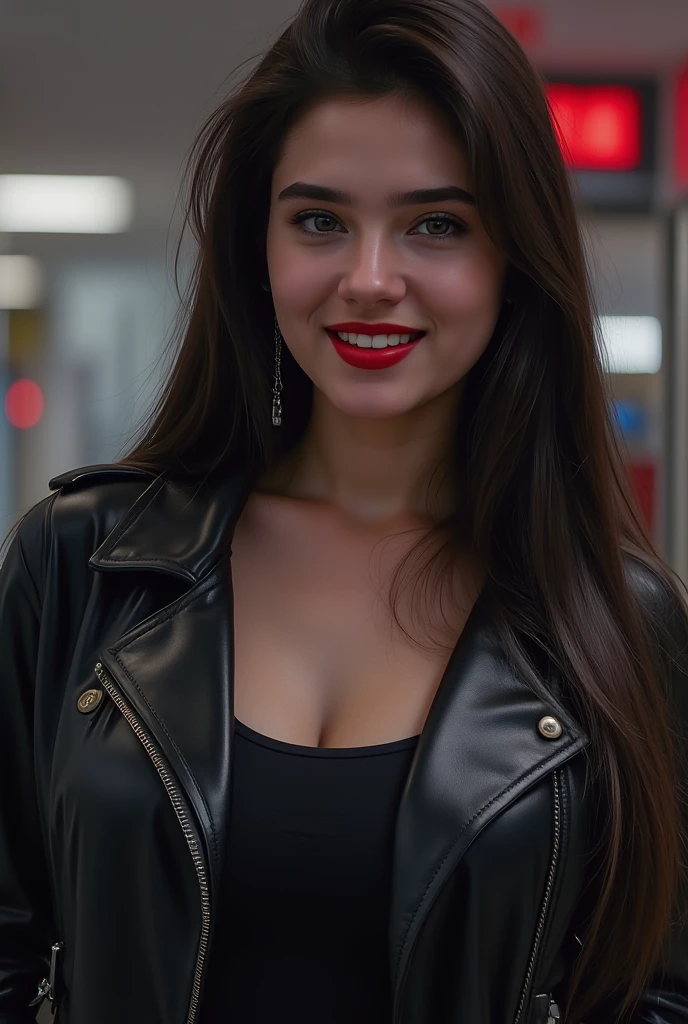 create a 30-year-old woman with long brown hair and red lipstick, a digital influencer, facing the camera,