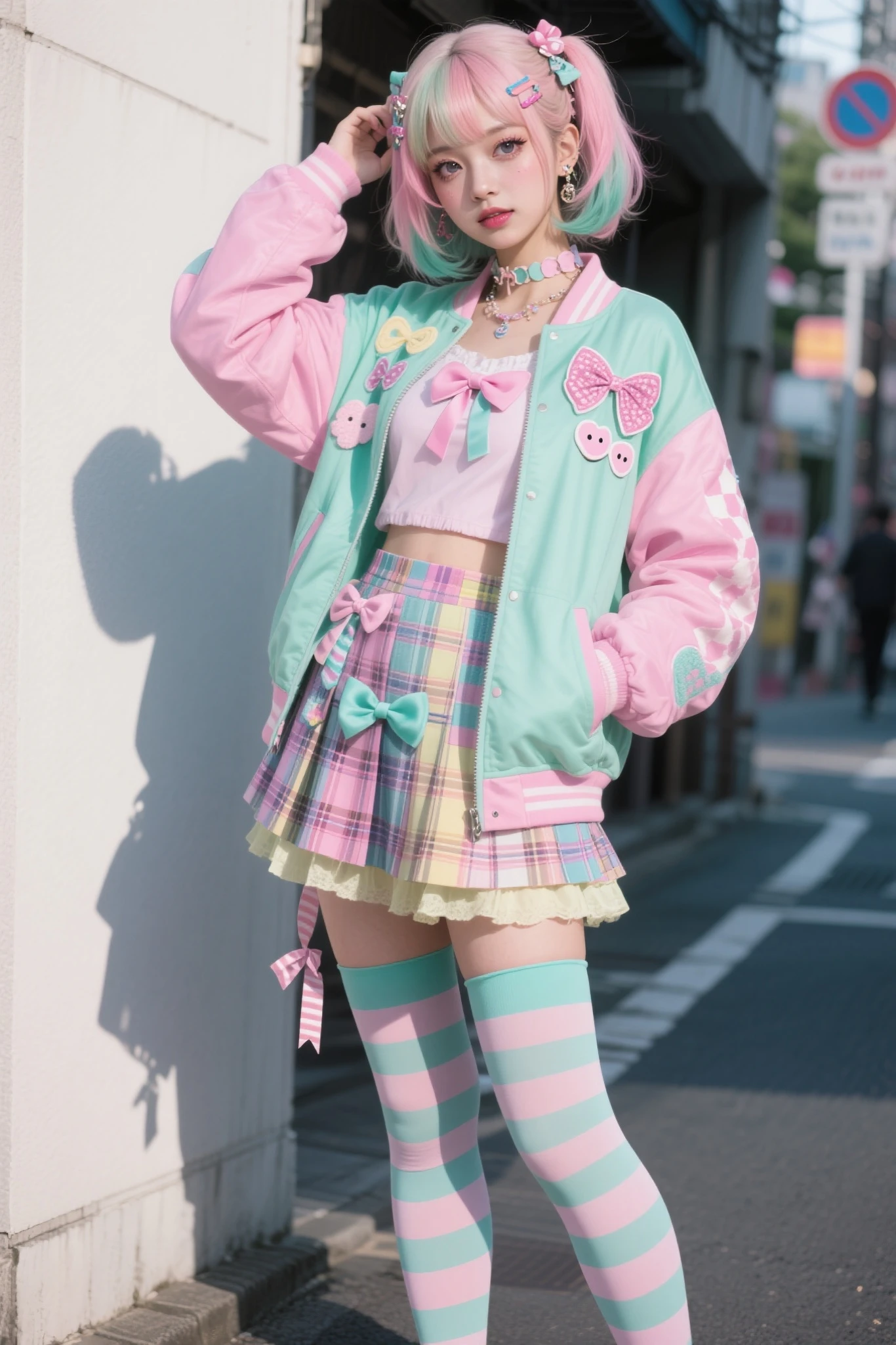 fantastic idol girl、fluorescent pink pleated mini skirt、colorful jacket、、good style、standing cool and upright、whole body、striped pattern pantyhose、、