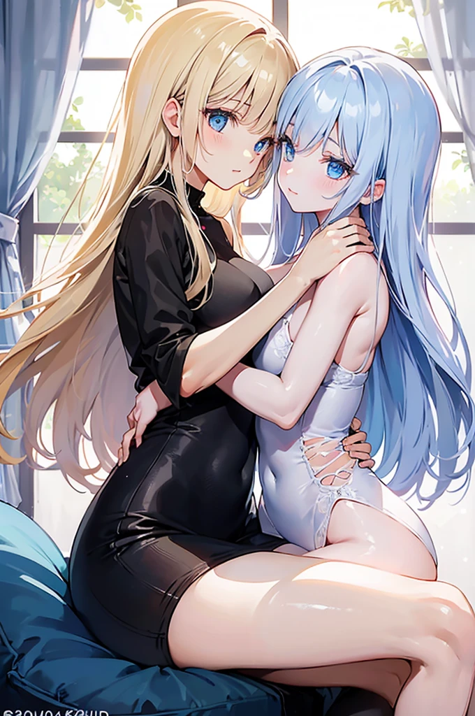 （（（Highest quality、first class、masterpiece、Normal body、8k、Detailed face、Ultra-precision、normal hand、Normal refer to、５refer to、Highest）））、２people々、beautiful girl、Adele&Alisha、Relatives and friends、Adele（（height: 163cm、Silver semi-long hair、Shy smile、Ridiculous Costumes、Sleeveless、High Leg、White leotard、mini skirt、Received、first round、slave））、Alisha（（height: 155cm、Long Hair、blondes、A cold smile、Sexy Costumes、See through、Black mesh top、Black spats、Shorts、collar、Slave））、Lesbian、slave、Alisha hugs Adele from behind、Deep Kiss、Alisha caresses Adele、Alisha touches Adele&#39;s pussy、Alisha fondles Adele&#39;s breasts、Adele writhes in pleasure、Adele is addicted to pleasure、Adele&#39;s eyes turn into hearts with pleasure、Adele is blindfolded、Torn costume、Torn clothes、Tattered Dress、Two people connected by chains、Collar is connected with a chain、Mass chains、Falling into Pleasure、Ahegao、devour pleasure