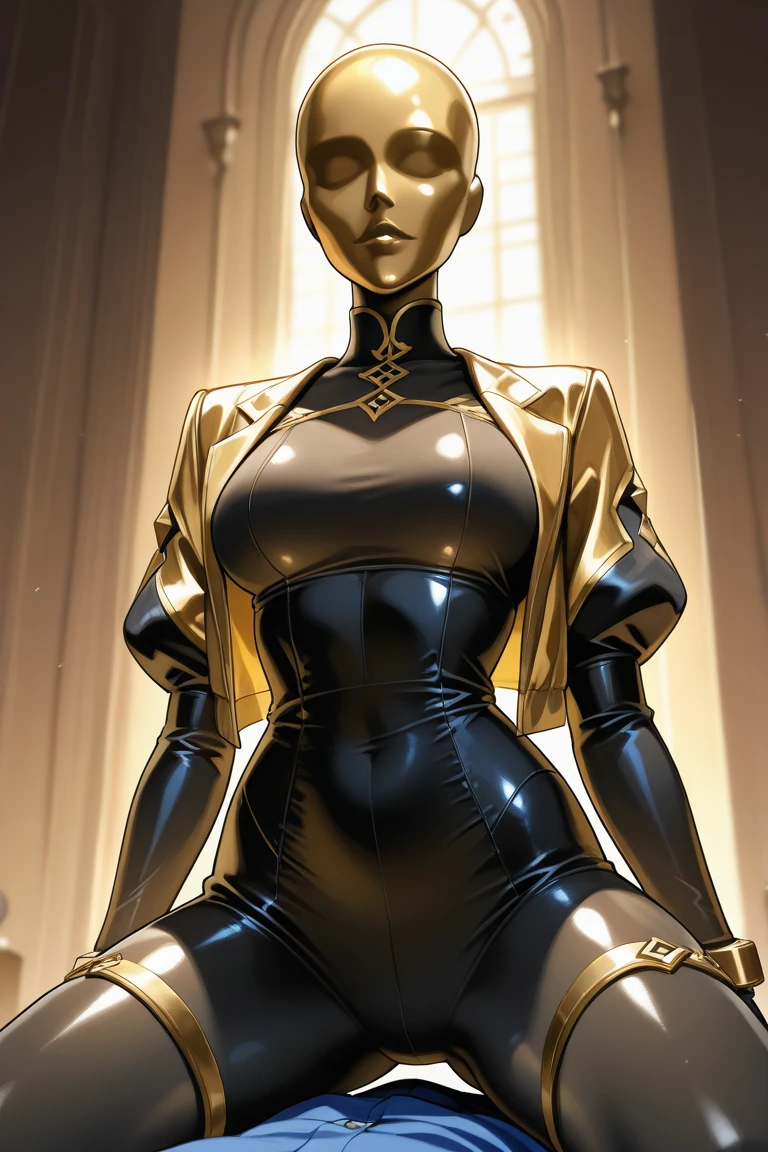 realistic,photo, 8k masterpiece, absurdres, moody lighting ,woman, <lora:sorayamaStyleHajime_v11:0.8>,Sorayama Style, (mettalic skin), shiny skin, swimsuit, bald, android, smiling, <lora:slingshotSwimsuit_v12:0.75>, black slingshot swimsuit