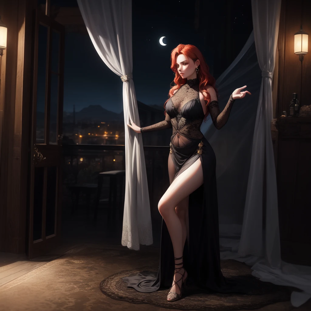 masterpiece, highest quality, solo focus, (perfect face: 1.1), (high detail: 1.1), dramatic and dynamic pose, 1 girl, breasts, blond hair, blue eyes, solo, cleavage, long hair, curves, big breasts, see -through, blood red dress, thighs, navel covered, bare shoulders, wide hips, thick thighs, lips, covered, bathrobe, pelvic curtain, castle, night,  moon, detailed background, art by artgerm and greg rutkowski, cinematic lighting, vampire, catlevania, red hair, medium shot, light ray