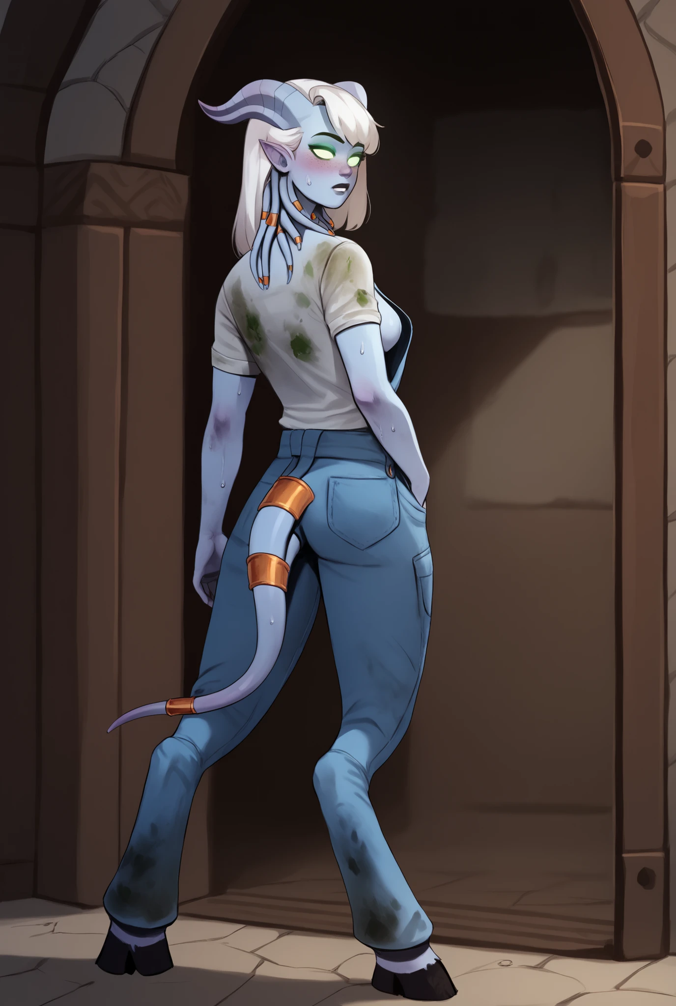 best quality, ((female Draenei)), (((medium breasts))), draenei, blushing, ((woman with blue skin)), freckles, ((Shaggy, slicked back white hair)), long thicc tail, ((very sweaty)), dungeon, ((green eyes)), (Brightly lit room), ((tall female)), ((standing in fantasy market)), ((Safe for work)), (tied coveralls), dirty, grease spots, ((long bangs)),