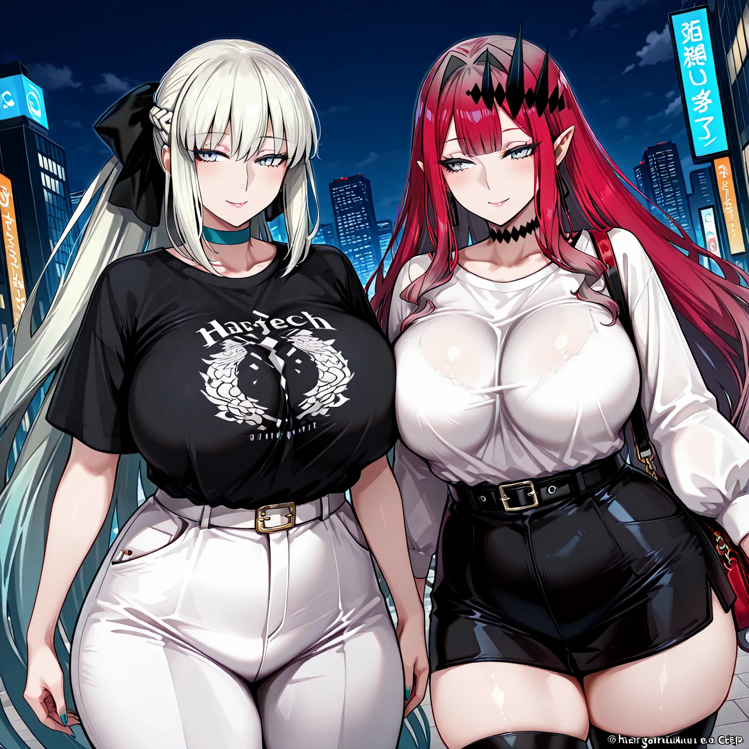 photo realism anime style Yusuke walled art Phoenix goddess alucard + sarada fitness sexy big tits with cropped wavy hair v cut dress v cuts ripped jeans wearing high heels walking on a dark dark street scared style photo realism, fully detailed drawing in black and monochromatic bench and only the strong red diamond eyes