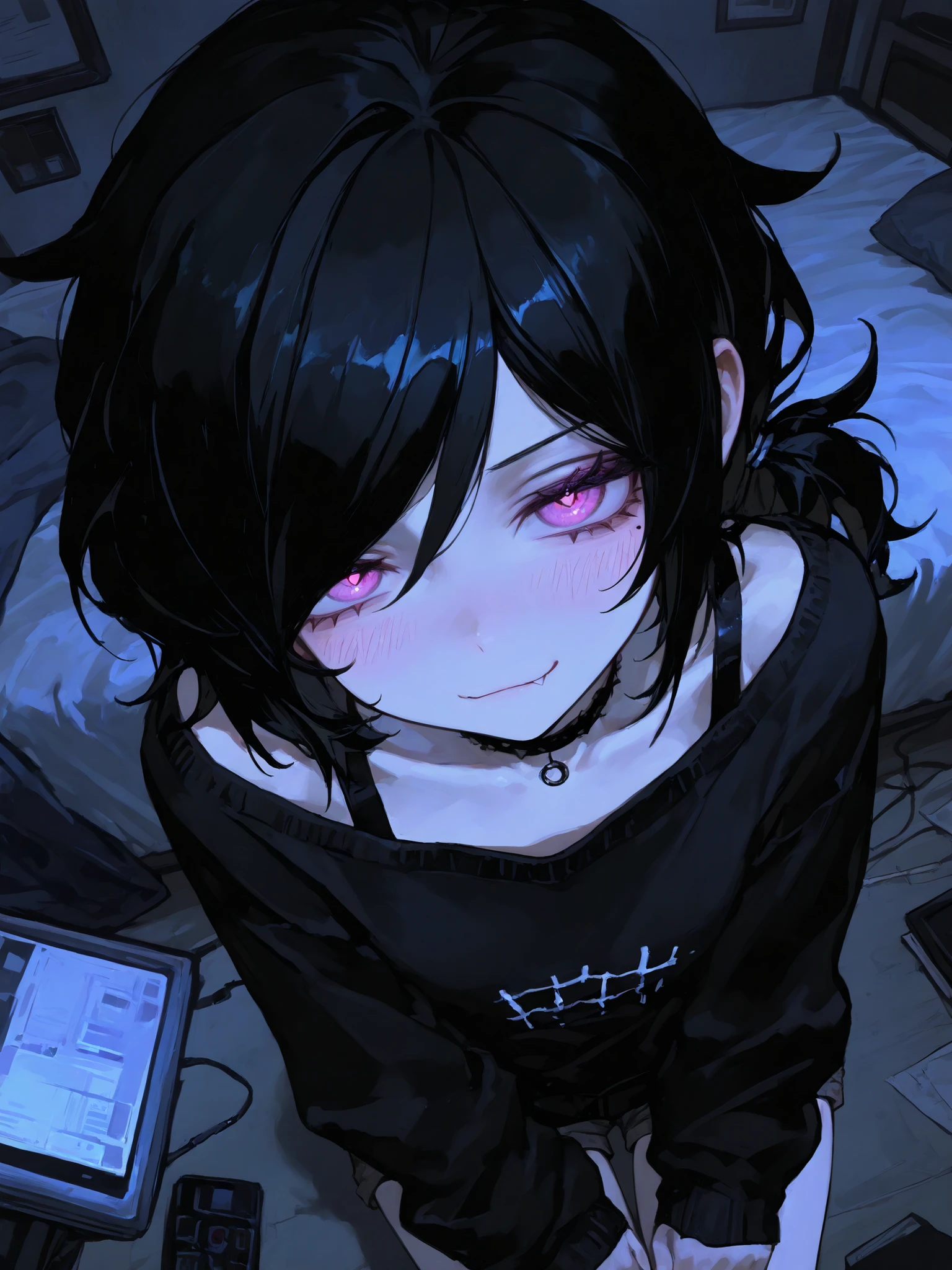 (Masterpiece), 걸작, 고화, (absurd), perfection, sharp quality, (best quality), (highest quality), detailed, very aesthetic, beautiful angle, from above, exiting composition, (RTX), (HDR), detailed room, night, moonlight, 1girl, cute smirk, ashley graves, bra strap, choker, shorts, sweater, beautiful body, petite, lush, blush, 748cmstyle,