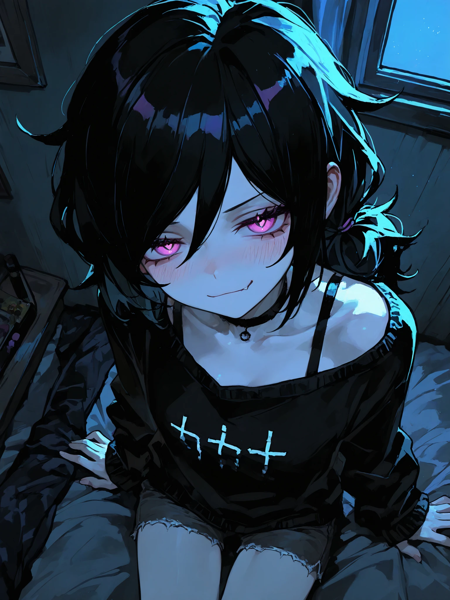 (Masterpiece), 걸작, 고화, (absurd), perfection, sharp quality, (best quality), (highest quality), detailed, very aesthetic, beautiful angle, from above, exiting composition, (RTX), (HDR), detailed room, night, moonlight, 1girl, cute smirk, ashley graves, bra strap, choker, shorts, sweater, beautiful body, petite, lush, blush, 748cmstyle,