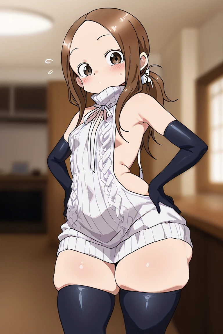 mamako, 1girl, solo, long_hair, breasts, blush, smile, open_mouth, bangs, large_breasts, simple_background, brown_hair, bow, ribbon, animal_ears, cleavage, bare_shoulders, tail, closed_eyes, hair_ribbon, braid, :d, pantyhose, cowboy_shot, teeth, bowtie, rabbit_ears, leotard, wrist_cuffs, black_pantyhose, strapless, detached_collar, fake_animal_ears, ^_^, playboy_bunny, pink_background, white_bow, rabbit_tail, facing_viewer, strapless_leotard, mature_female, white_leotard, white_bowtie