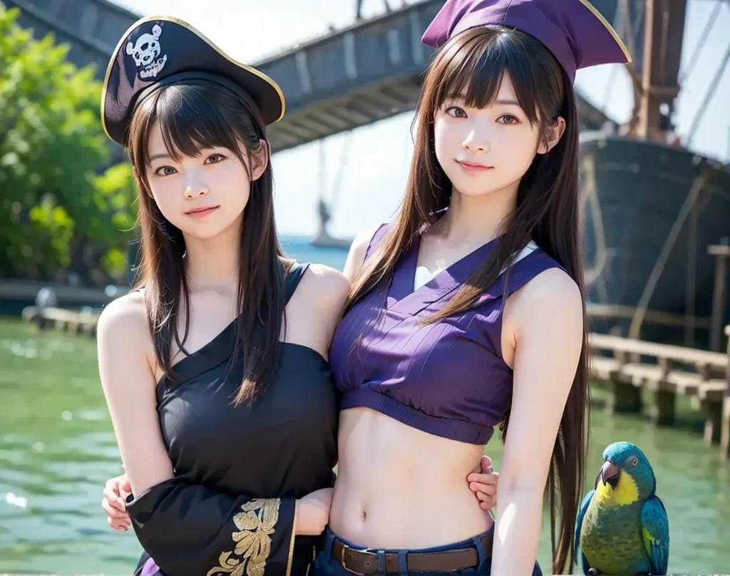 (female pirate:1.5)、(bangs:1.5)、(multiple women、帽子からbangsが出ている、japanese model、high leg bikini、on the sea、groin、thong、black hair、beautiful skin、Galleon deck at sea、Are standing、ass、smile、looking at me、knee high socks、beautiful teeth alignment、)professional lighting、slender、adult woman、Big breasts that are about to explode、big ass、seductive thighs、cleavage