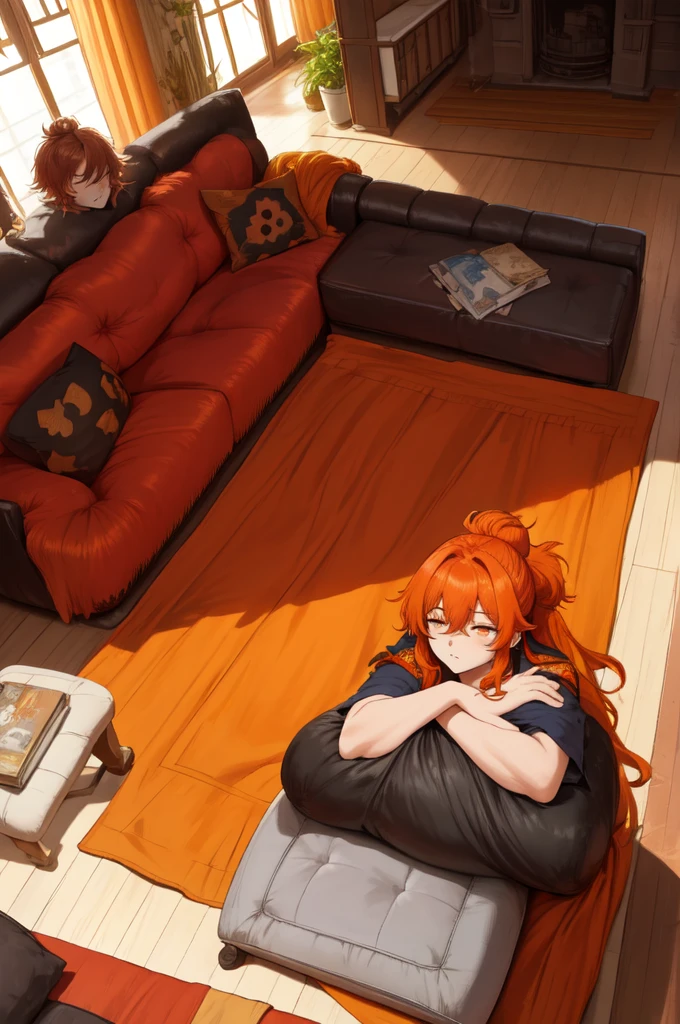 Anime girl, orange hair, black leggings, laying down, big ass, large breasts