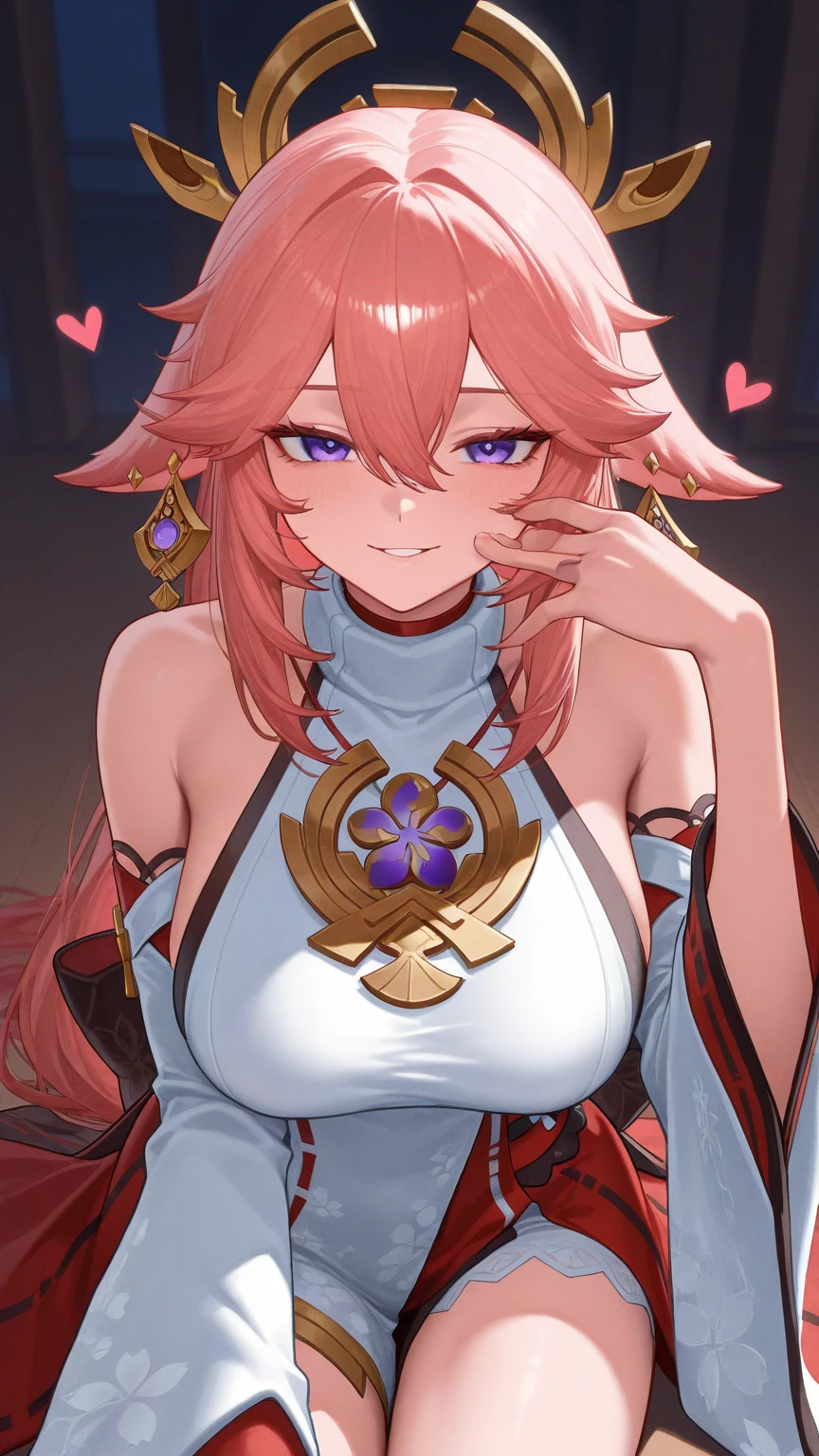 (tmasterpiece:1.4), (Best quality:1.4), anime,comic, 1girl,delicated face，huge boob,Heart-Shaped_Boob_Challenge,Genshin impact，yae miko, animal ears, floppy ears, fox ears, hair between eyes, long hair, pink hair, (purple eyes:1.1), pink hair,bare shoulders,japanese clothes,sideboob