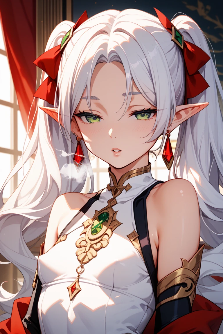 <lora:edgBloodElfAttire:0.8>, edgBE, red and gold, wearing edgBE, elf, 1girl, solo, upper body, portrait, european architecture background, outdoors, looking at viewer, masterpiece, best quality