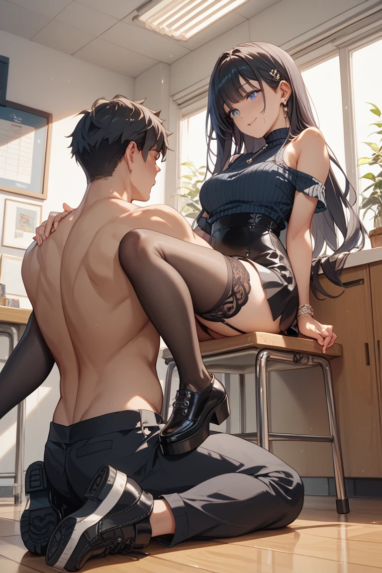 ((Anime illustration)) ,【1girl,1boy(men and women)】, 【kiss】To【tongue out(Tongue out)】,In a hotel bed on a moonlit night,Beautiful night view, 【nsfw】【1boy】【】,((Black-haired Cleopatra)),Beautiful black bikini,((Gorgeous big bing)),Lace Top Stockings,Knee-high boots,garter belt,Long satin gloves,(Laughing with your fingers),Crossing your legs,Condescending look,Provocative pose,Sexy body